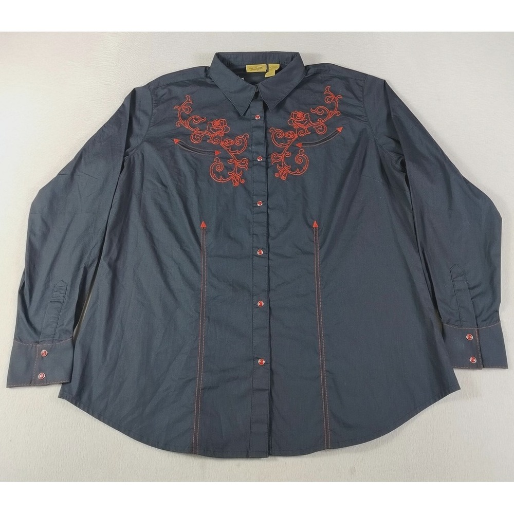 Wrangler Shirt Mens 2XL Black Pearl Snap Western Skull Rose Embroidered Cowboy
